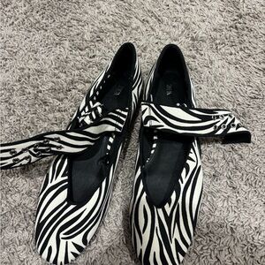 Zara Zebra-Pattern Mary Jane Flats in Black and White